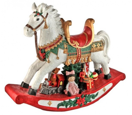 Bamse på tromme i polyresin H86 cm - Antik rød/Antik grøn