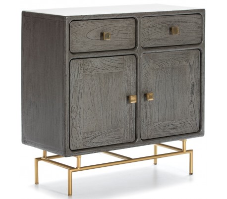 Sideboard med 2 skabe og 2 skuffer i metal og træ B90 cm - Antik hvid/Antik guld