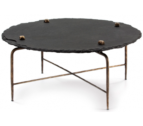 Sofabord i metal og sten Ø95 cm - Antik guld/Sort