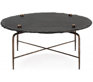 Sofabord i metal og sten Ø95 cm - Antik guld/Sort 2
