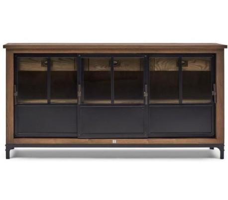 Vitrineskab i asktræ, jern og glas H214 cm - Natur/Industrielt sort