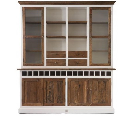 Vitrineskab i genanvendt elmetræ og poplartræ H230 cm - Antik hvid/Rustik brun