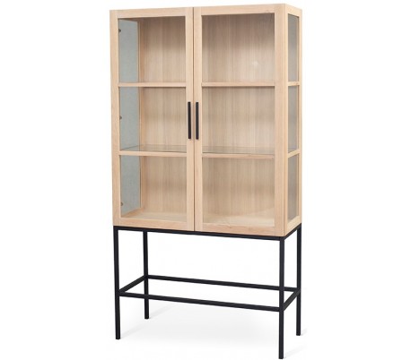 Chic vitrineskab i egetræ, glas og metal H170 x B90 cm - Sort/Sort