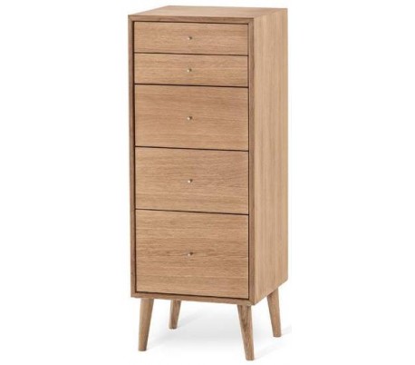 Scandi kommode med 5 skuffer i egetræ og egetræsfinér H95 cm - Olieret eg