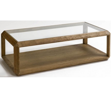 Sofabord i egetræ og glas 80 x 80 cm - Børstet eg