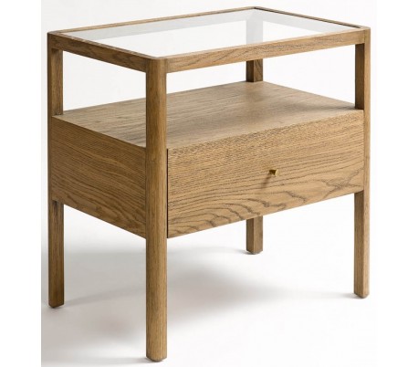 Rustikt sengebord i egetræ og metal H56 cm - Antik guld/Børstet eg