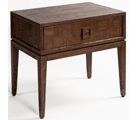 Rustikt sengebord i egetræ og metal H60 cm - Antik guld/Brunbejset