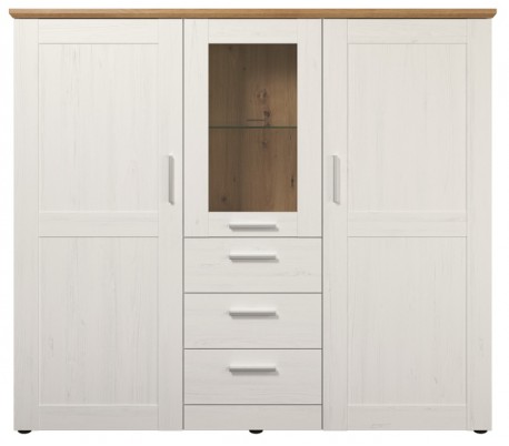 Shade vitrineskab i møbelplade og glas H140 cm - Antik hvid/Vild eg