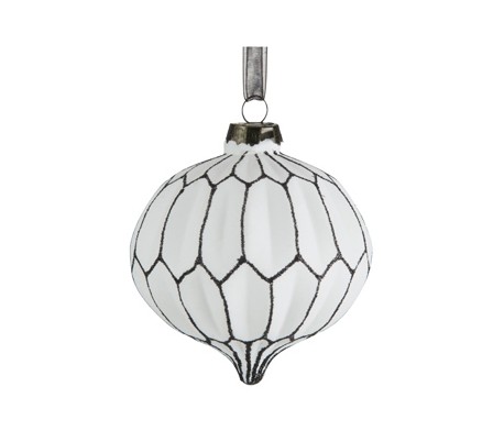 Julekugle i glas med perler Ø8 cm - Hvid/Sort