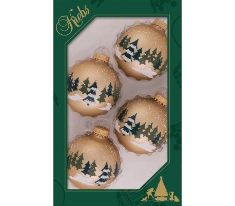 Sæt med 4 glaskugler Ø7 cm - Blåt vintermotiv