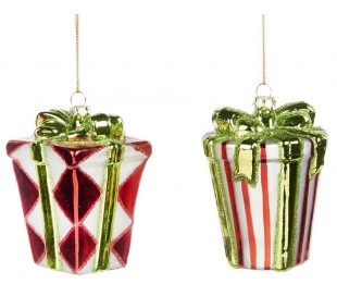 Julekugle i mundblæst glas Ø8 cm - Rød/Hvid