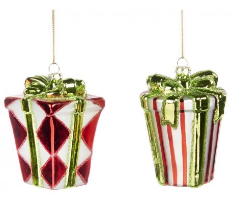 Julekugle i mundblæst glas Ø8 cm - Rød/Hvid