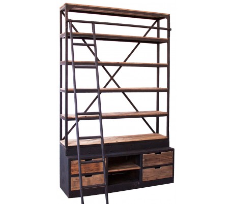 Rustikt skab i fyrretræ og jern H140 cm x B96 cm - Antik guld/Antik sort