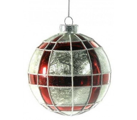Julekugle i glas Ø10 cm - Rød/Hvid tartan