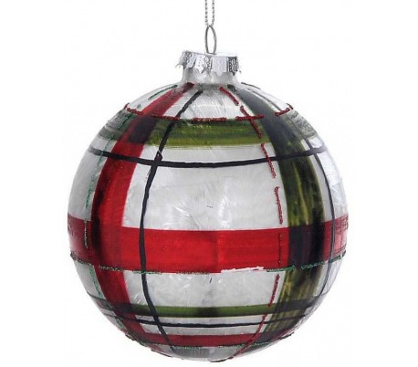 Julekugle i glas Ø10 cm - Rød/Frostet hvid tartan